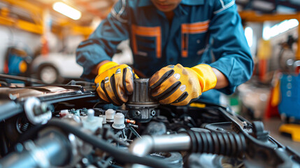 Engineer handling an iron cylinder and diagnostic equipment in a garage, with a focus on automotive repair and service