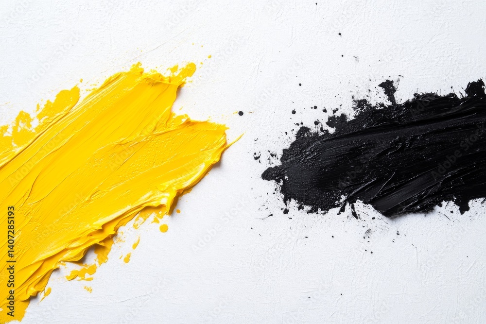 Poster Splashes of bold black and yellow paint form striking patterns on a textured white canvas, showcasing energetic contrast and leaving space for additional design elements