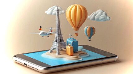 Pastel clay-style smartphone with miniature Eiffel Tower and hot air balloons on beige background