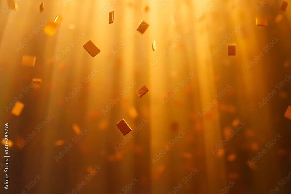 Poster Golden light rays extend outward, interspersed with floating geometric shapes, forming a captivating abstract composition with ample copy space on the left