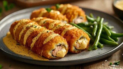 Chicken cordon bleu with creamy mustard sauce and buttered green beans, arranged on an elegant plate, well-lit