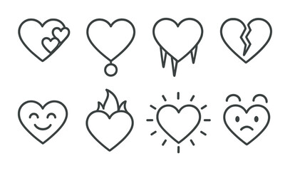outline vector icons of heart emotions: warm heart, heavy heart, frozen heart, broken heart, happy heart, fire heart, glowing heart, confused heart. No text. The icons should be clean. isolated
