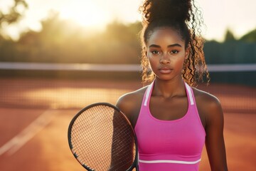 A young athlete with a tennis racket stands focused on a sunlit clay court, with determined shadows stretching across the ground