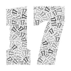 Grayscale word cloud forming the number 17, with repeated text in various sizes.