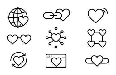 outline vector icons of heart connections: heart web, link with heart, signal heart, connected hearts, heart network, chain of hearts, syncing heart, heart interface. No text. The icons should be