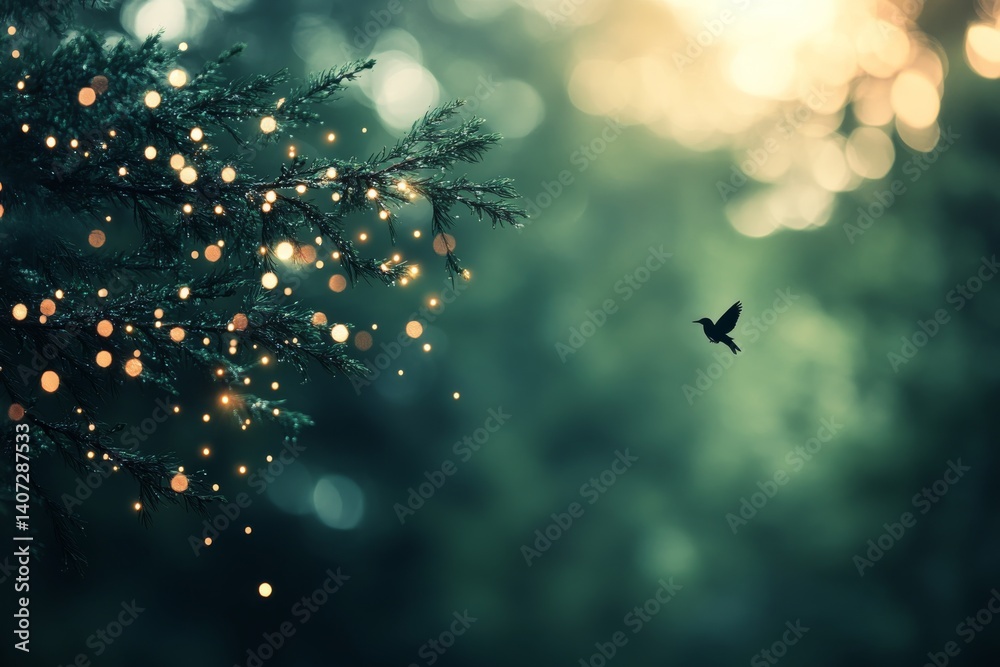 Aufkleber A spruce branch twinkles with tiny string lights and golden ornaments, illuminated against a softly blurred green background with natural bokeh