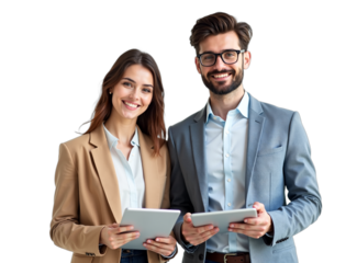 Smiling business team: businesswoman, businessman holding tablets. Portrait, professional corporate shot isolated on a white background. Perfect for teamwork, partnership concepts.
