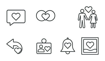 outline vector icons of digital love: heart app icon, heart notification, love message alert, digital heart, dating app, swipe heart, heart chat, emoji with heart eyes. No text. The icons should be