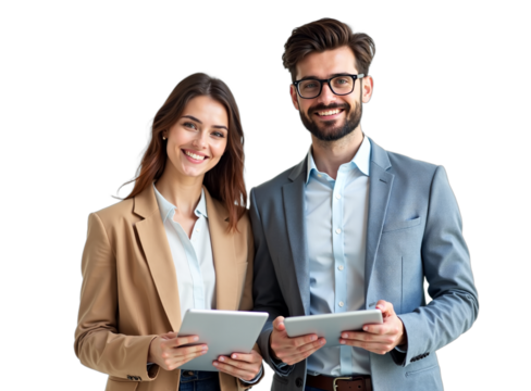 Smiling business team: businesswoman, businessman holding tablets. Portrait, professional corporate shot isolated on a white background. Perfect for teamwork, partnership concepts.