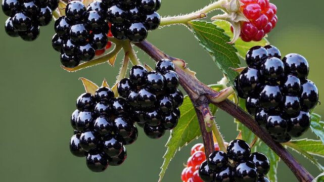 Wild blackberries in various ripening stages hanging from thorny bramble branch