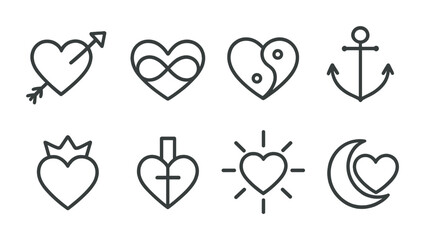 outline vector icons of symbols of love: heart arrow, infinity heart, yin yang heart, anchor heart, crown heart, cross heart, sun heart, moon heart. No text. The icons should be clean. isolated