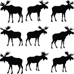 Nine Silhouetted Walking Moose Figures on a White Background, Wild Animal Design