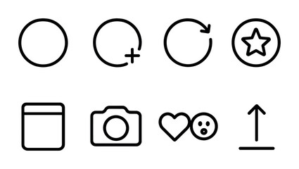 outline vector icons of story elements: story ring, add story, watch story, highlight, archive, story camera, story reactions, swipe up. No text. The icons should be clean. isolated transparent