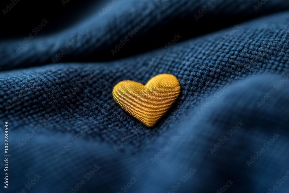 Poster A shiny golden heart rests gently on a deep blue velvet surface, reflecting soft light and creating a serene atmosphere with blurred edges for artistic effect