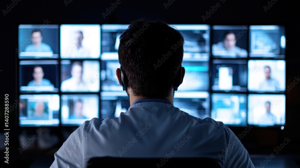 Poster monitoring digital security a technician analyzing multiple screens in a control room environment