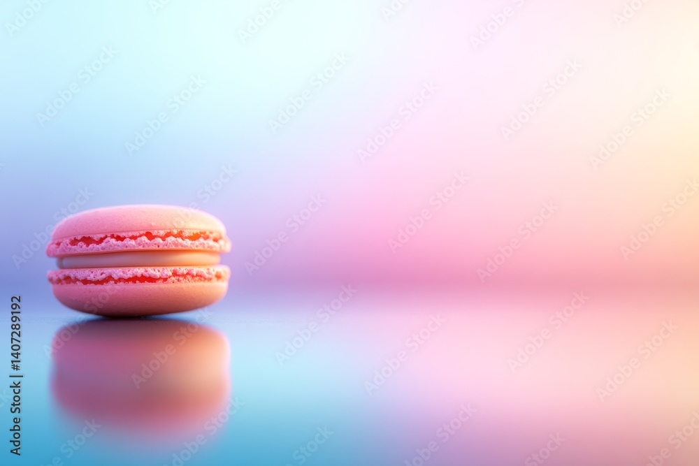 Poster A single macaron floats elegantly, showcasing its vivid colors reflected delicately on a shiny surface, complemented by a softly blurred pastel gradient backdrop
