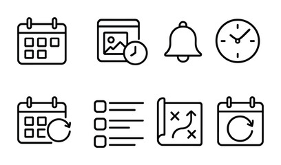 outline vector icons of scheduling and planning: calendar, scheduled post, reminder bell, time picker, auto-publish, content queue, plan icon, reschedule. No text. The icons should be clean. isolated