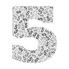 Grayscale word cloud forming the number 5, with repeated text in various sizes.