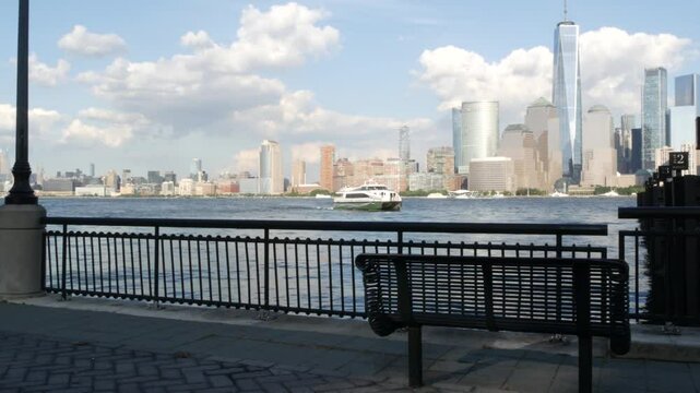 New York City waterfront skyline, Manhattan Downtown Financial district, World Trade Center building, riverfront skyscrapers. From Paulus Hook, New Jersey. United States architecture. Hudson river.