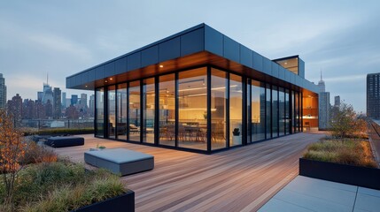 Obraz premium Modern Rooftop Oasis with City Skyline Views