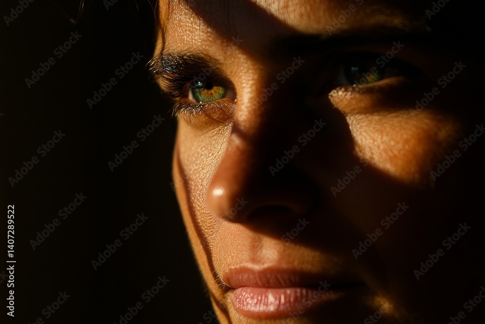Aufkleber Natural light illuminates deep green eyes in a close-up portrait, while soft shadows create depth and highlight facial features in an intimate setting