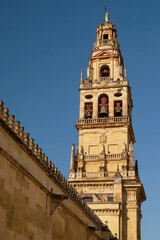 Bell tower Great Mosque in Cordoba, currently Catholic cathedral is UNESCO World Heritage Site.Spain, Cordoba.Tower of Mezquit.The coexistence of Christian culture and Islamic culture in one building.