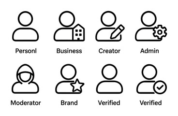outline vector icons of account types: personal account, business account, creator account, admin profile, moderator, brand account, anonymous, verified. No text. The icons should be clean. isolated