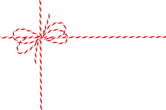 Card, gift tied up with cotton red rope bakers twine double bow, ribbon. Packing cord for envelope, present, pastry box for New Year, Christmas. Flat vector on transparent background. EPS10