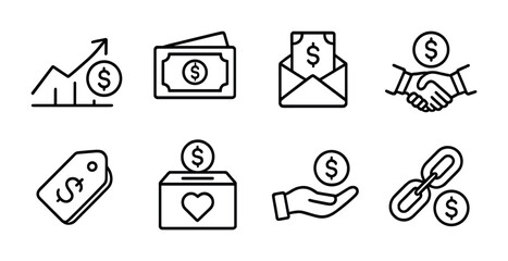 outline vector icons of monetization: earnings graph, revenue, payout, sponsorship, product tag, donation icon, tipping, affiliate link. No text. The icons should be clean. isolated transparent