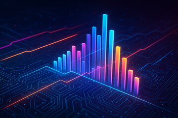Naklejka premium A vibrant, digital abstract representation of data visualization, featuring colorful bar graphs and circuit-like lines, symbolizing innovation and advanced analytics in technology.
