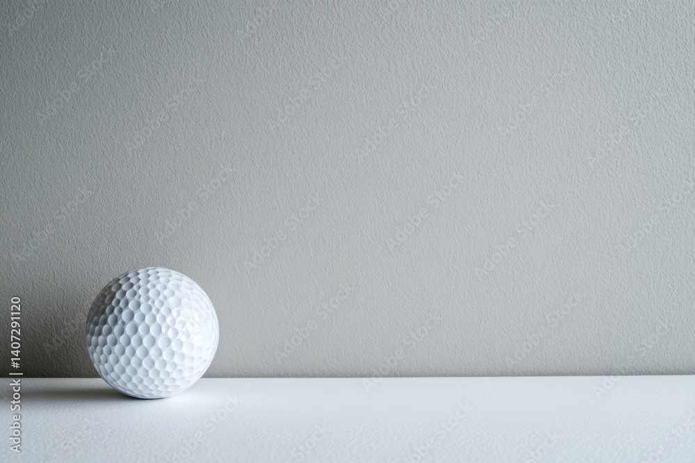 Poster a white golf ball featuring textured dimples rests on a glossy white surface, casting soft shadows a