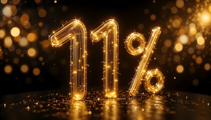 Golden Eleven Percent Off Glowing Promotion Sale Design on Black Background