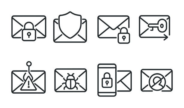 outline vector icons of email security: lock icon, shield, encryption, secure send, phishing alert, spam filter, two-factor email, blocked sender. No text. The icons should be clean. isolated