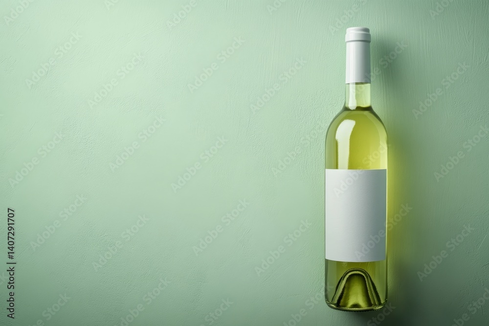 Aufkleber close-up view showcases a mockup bottle of white wine against a pastel green background, featuring a