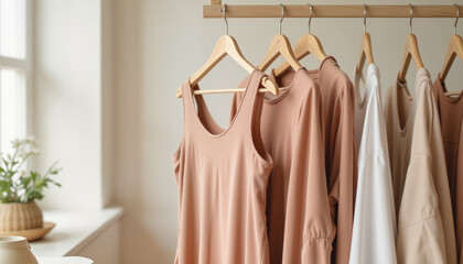 Minimalist yoga attire display in soft lighting, product showcasing