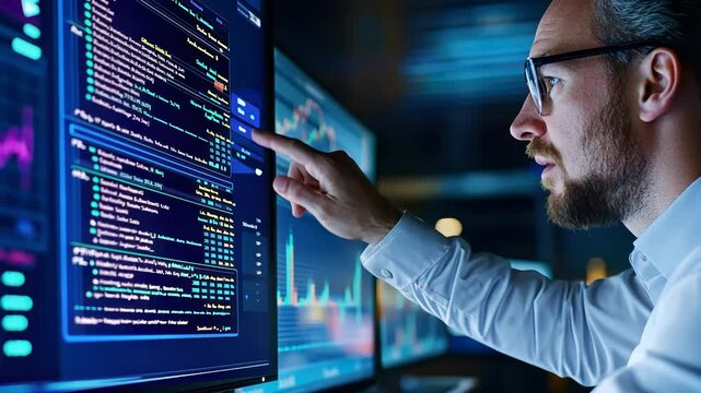 It man analyzing specialist and a data on graph screen in center global business analysis software testers with code pointing at computer screen displaying testing dashboard, Teamwork Office video 4k