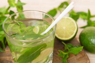 Mojito cocktail. Refreshing mojito cocktail with lime, lemon and mint in a tall glass with a stick