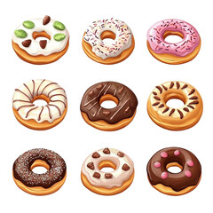 Nine delicious donuts assorted flavors and toppings sweet treats bakery