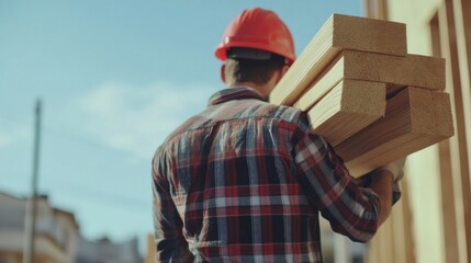 Construction laborer carrying building materials. Featuring strength and focus