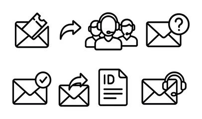 outline vector icons of customer support emails: ticket confirmation, reply to ticket, support team, help email, solved message, follow-up support, issue ID, contact support. No text. The icons