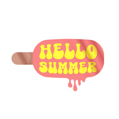 Hello summer pink groovy aesthetic sticker with melting ice cream isolated on white. Hello summer motto sticker, tag, kids label, banner, poster, label png with quote.