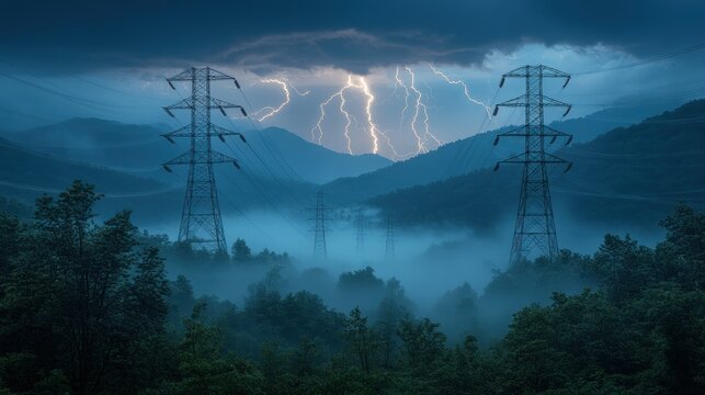 Powerful storm over misty mountain range with electricity pylons