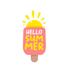 Hello summer pink groovy aesthetic sticker with melting ice cream isolated on white. Hello summer motto sticker, tag, kids label, banner, poster, label png with quote.