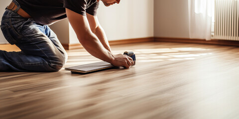 Worker installing laminate flooring at home..