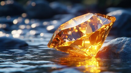 Radiant golden gemstone resting on rocks by water