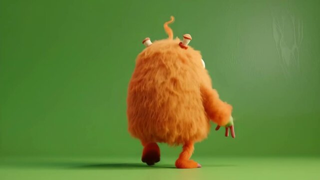 Orange furry monster walks away from camera toward camera