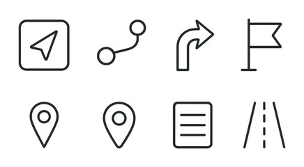 outline vector icons of navigation tools: GPS, route, turn arrow, destination flag, distance marker, waypoint, navigation menu, road icon. No text. The icons should be clean. isolated transparent