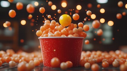 Red cup filled with many small orange balls, a bright yellow ball on top, surrounded by more orange balls.  Abstract, dynamic, and vibrant