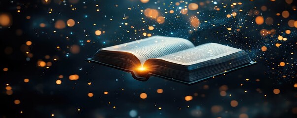 Open book under starry sky unveiling galaxy of imagination concept. An open book emitting light amidst floating particles in dark.