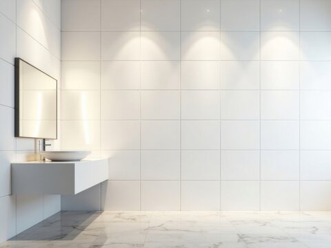 Interior de ba&ntilde;o moderno con pared en blanco cubierta de azulejos rectangulares blancos